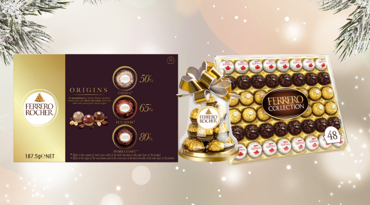 Ferrero Rocher holiday collection product photos in a Christmas backdrop