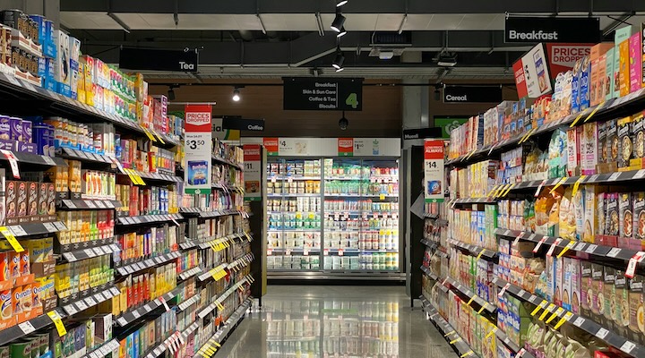 white and red labeled pack on white shelf