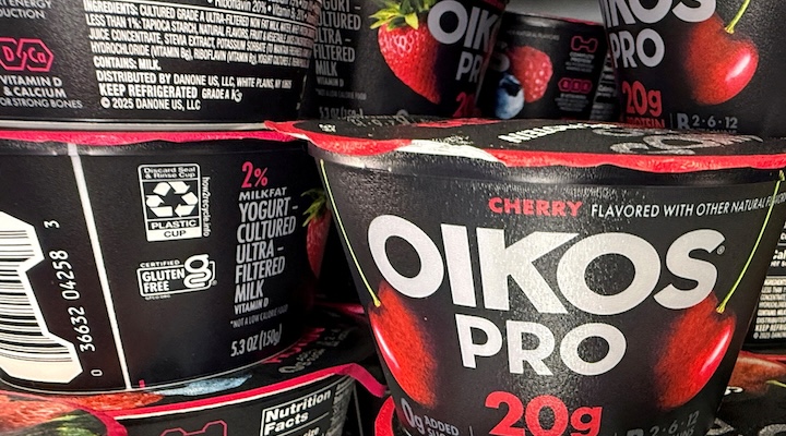 Danone Oikos Pro, protein-packed yogurt, for sale in a cooler at a grocery store in Port Washington