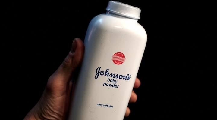 A bottle of Johnson and Johnson Baby Powder is seen in a photo illustration