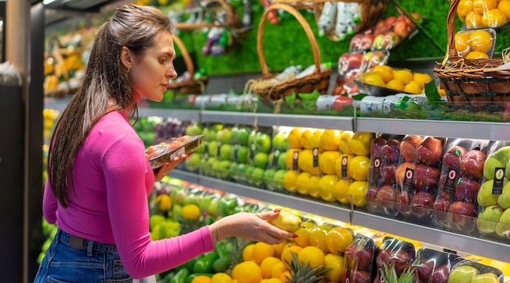 A woman examines fresh fruits in a grocery store